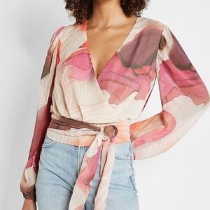 Express Spring Floral Pink Conscious Edit Printed Wrap Cropped Tie Waist Top (L)